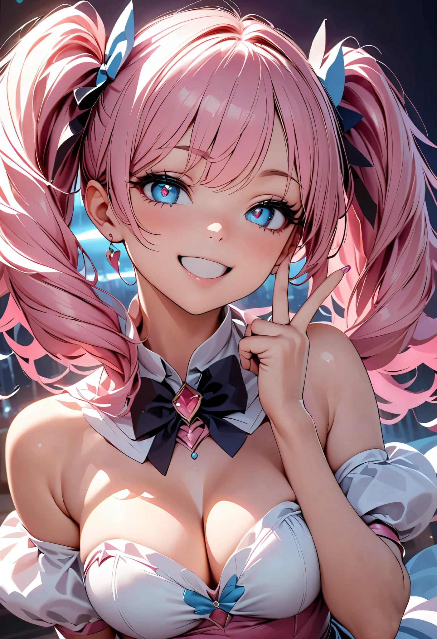  beautiful magical girl dressed in a pink frill dress、 pink long hair 、cute and sexy magical girl pose 、((Lewd smile、 open your mouth、Oral mucosa))、 very detailed、8k、 Photorealistic 、 top quality realistic textured skin 、Detailed CG illustration、Chiaroscuro Lighting、 dramatic shadow 、 elegant 、grace、 enchantment、 enchantmentな、Big Breasts、 pink hair、 Twin Tail Hair、Porcelain Skin、Pierced Eyes、Delicate features、 sexy poses、艶やかな唇、 slender figure、 Magical Energy 、V sign on the side of the face:1.2、 hand sign 、 Dynamic Lighting 、 vivid colors、Soft pastel palette、Glowing magic effect、Skin with an obscene sheen、Delicate fingertips、Five fingers、 cinematic composition、 Dramatic Poses、 moody vibe 、Dark and mysterious