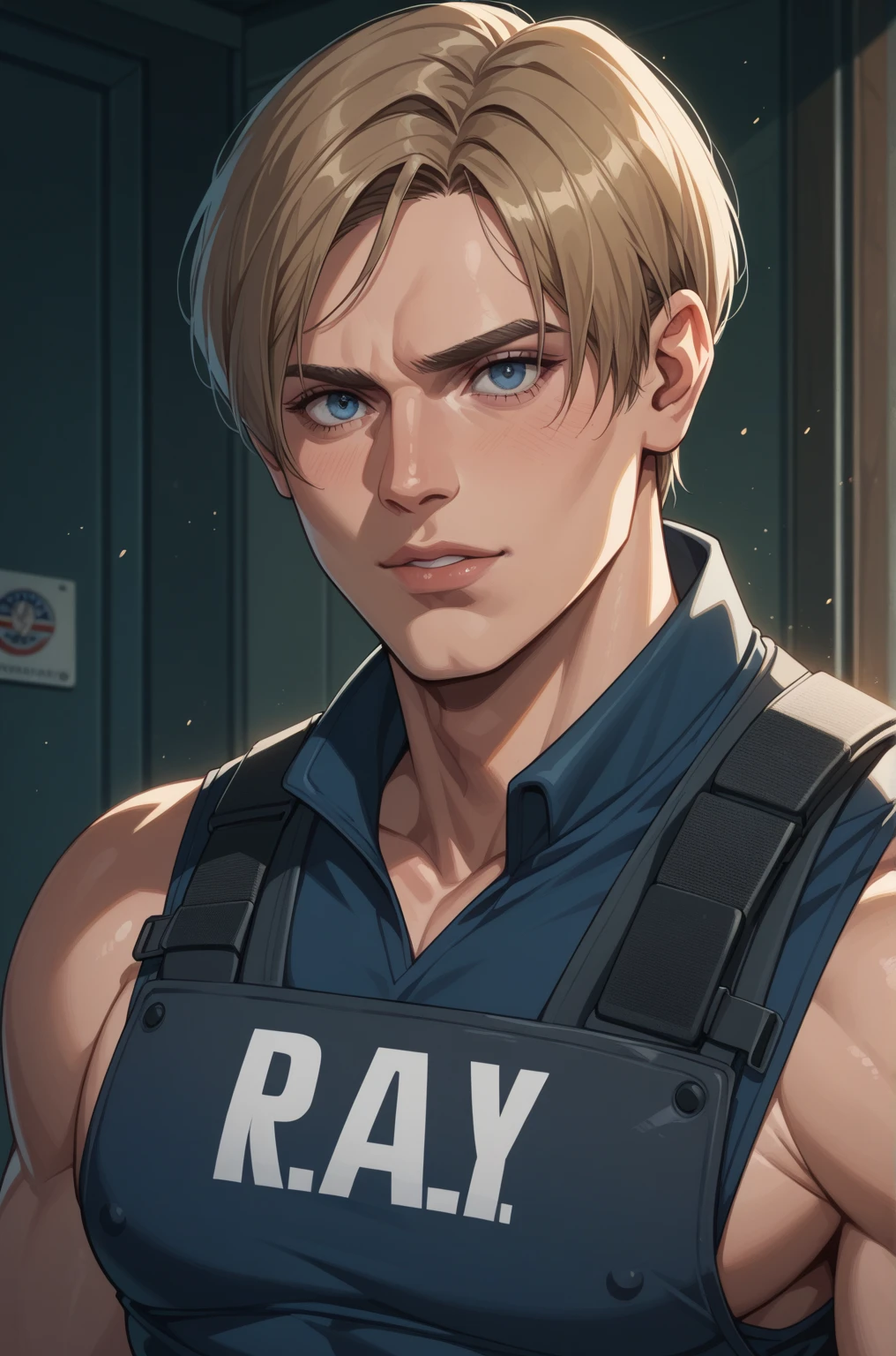     (High resolution CG), (  top quality  ), (. Kennedy), (Overall view)    Huagai with a cool and handsome face  ,SWAT Clothing,    beauty, 18 years old,    muscular and tight ,  Cool and attractive  , Sharp Eye