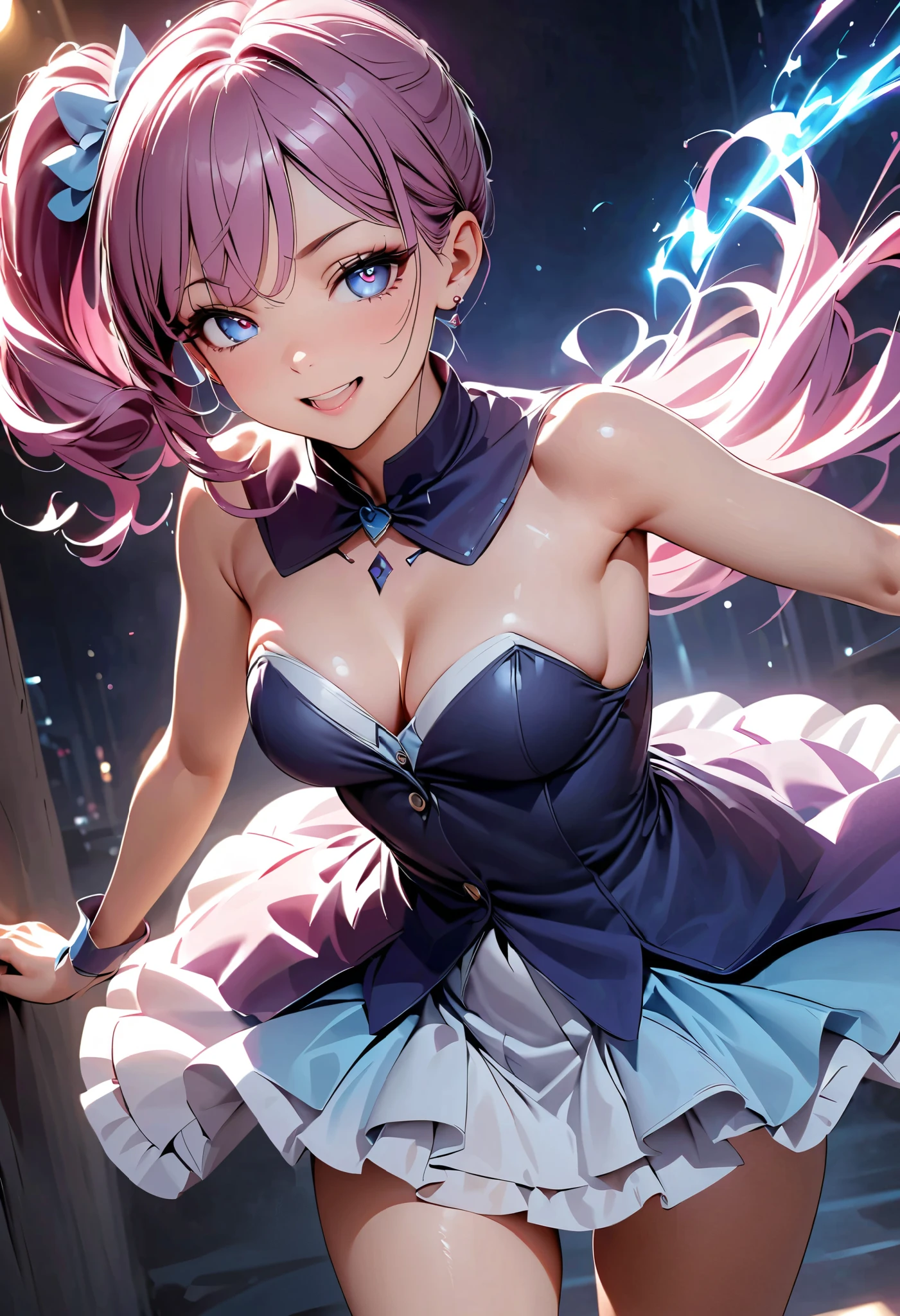 Beautiful magical girl dressed in a purple ruffle dress、 pink long hair 、cute and sexy magical girl pose 、((Lewd smile、 open your mouth、Oral mucosa))、 very detailed、8k、 Photorealistic 、 top quality realistic textured skin 、Detailed CG illustration、Chiaroscuro Lighting、 dramatic shadow 、 elegant 、grace、 enchantment、 enchantmentな、Big Breasts、Purple Hair、Side ponytail、Porcelain Skin、Pierced Eyes、Delicate features、 sexy poses、艶やかな唇、 slender figure、 Magical Energy 、 Dynamic Lighting 、 vivid colors、Soft pastel palette、Glowing magic effect、Skin with an obscene sheen、Delicate fingertips、Five fingers、 cinematic composition、 Dramatic Poses、 moody vibe 、Dark and mysterious