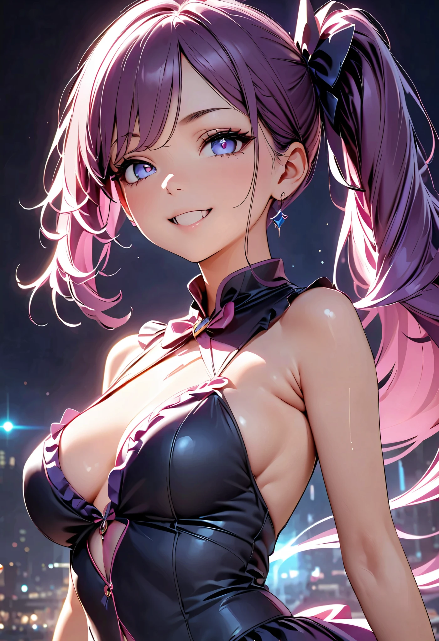 Beautiful magical girl dressed in a purple ruffle dress、 pink long hair 、cute and sexy magical girl pose 、((Lewd smile、 open your mouth、Oral mucosa))、 very detailed、8k、 Photorealistic 、 top quality realistic textured skin 、Detailed CG illustration、Chiaroscuro Lighting、 dramatic shadow 、 elegant 、grace、 enchantment、 enchantmentな、Big Breasts、Purple Hair、Side ponytail、Porcelain Skin、Pierced Eyes、Delicate features、 sexy poses、艶やかな唇、 slender figure、 Magical Energy 、 Dynamic Lighting 、 vivid colors、Soft pastel palette、Glowing magic effect、Skin with an obscene sheen、Delicate fingertips、Five fingers、 cinematic composition、 Dramatic Poses、 moody vibe 、Dark and mysterious