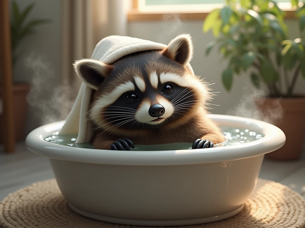 photorealistic,( soaking in the water in a small bathtub),( is a raccoon relaxing by putting a small towel on its head 　 close your eyes　Half-open mouth),(Depiction of hot water smoke ),