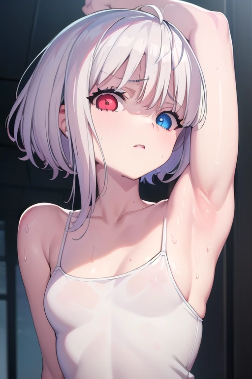 masterpiece, best quality, ultra-high-detailed, Disgusted face, deep eyes,  glare eyes, bare shoulder, focus to armpit, upper body, arms up, arms behind head, armpit crease, eyeshadow, white croptop, tank top, camisole , cynical look eyes, fit girl, arms shot, steamy, furious , Warm body, hot body, A lot sweat , more sweat, hot temperature, sweating, Sweated a lot, warm room, bare shoulder,, in room, wet,  small flat breast , face to face , below angle, eyes to viewer , front, 1girl, short hair, silver hair, solo focus, 4K, ulutra detailed ,masterpiece,highest quality,beautiful detailed eyes,Small breasts,(Heterochromia iridis),(left eye,Red eyes),(right eye,blue eyes),