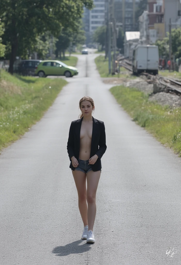 Full shot of a young woman standing in the middle of a paved road. 


The woman is light-skinned and appears to be young, with brown hair pulled back. She is wearing a black blazer, open over a bare torso, and sneakers. The road is paved gray asphalt, and there is grassy area on either side of the road. 


In the background, there are trees, buildings, a green car, and a small section of a white van. A section of railway tracks runs parallel to the roadside, a bit further back from the woman.  


The image appears to be taken outdoors on a sunny day. The light suggests a mid-day or late morning/early evening. A watermark is visible in the bottom right corner.