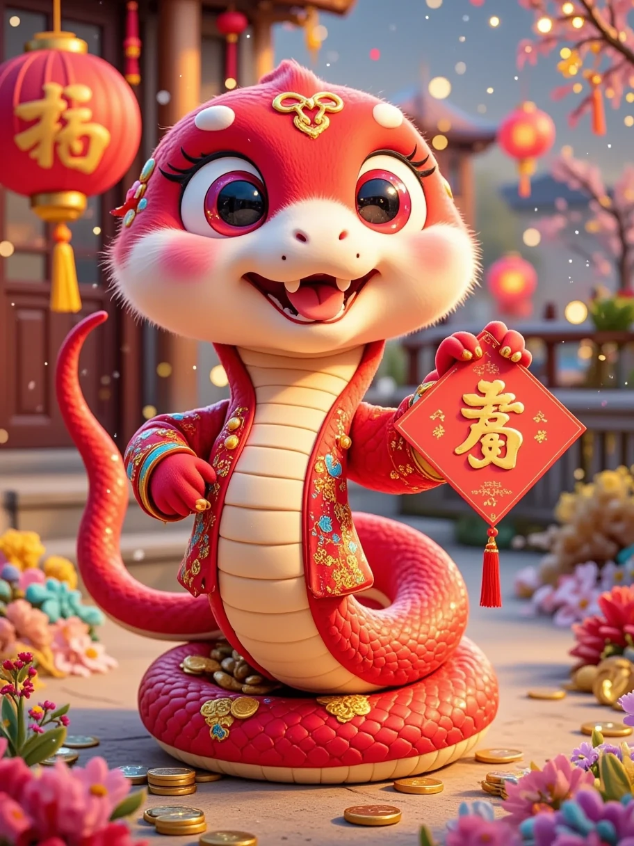  cute Chinese zodiac ，Snake，Year of the Snake，卡通Snake戴着舞狮的帽子，A close-up of a girl wearing a Song Han costume with a red envelope in her hand ，Next to a red bag ，It&#39;s filled with gold coins.，Smiling happily。 wears red，There are many gold coins on the ground ， depicting the Chinese New Year atmosphere in cartoon style