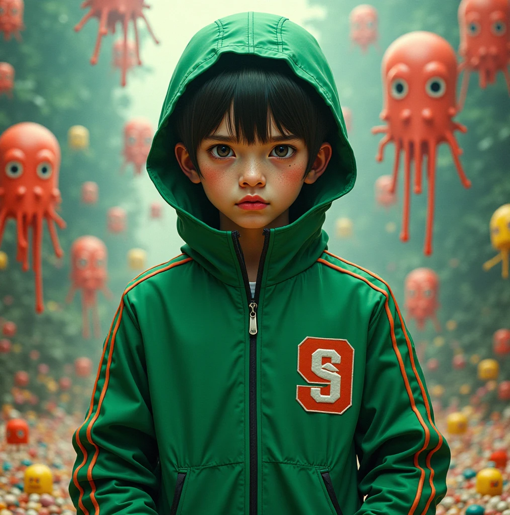 (high quality), (masterpiece), (detailed), 8K, Hyper-realistic illustration depicts (Japanese boy1.3) with striking features, dressed in vibrant (slime attire1.2) that appears to ooze and writhe around his upper body, in style of Takashi Murakami, trending on Artstation.