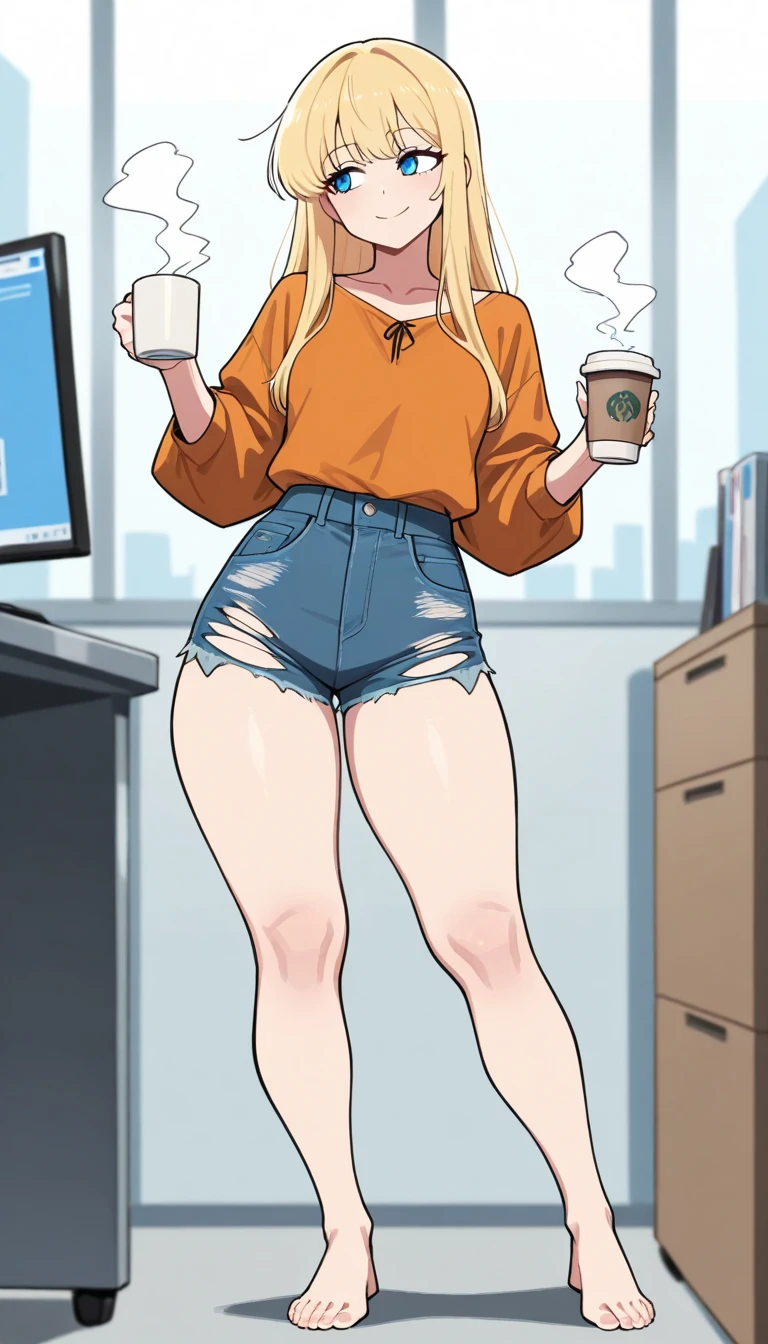    masterpiece  ,   best quality,    uncensored ,
 , 1 , Alone,standing,  look to the side ,  holding a cup of coffee ,  Wear an orange blouse and ripped denim shorts,  long blonde hair, blonde,  Blue Eyes, barefoot,  big ,   thick legs  ,   discreet smile ,  in the office,  dynamic pose style, arafa woman,