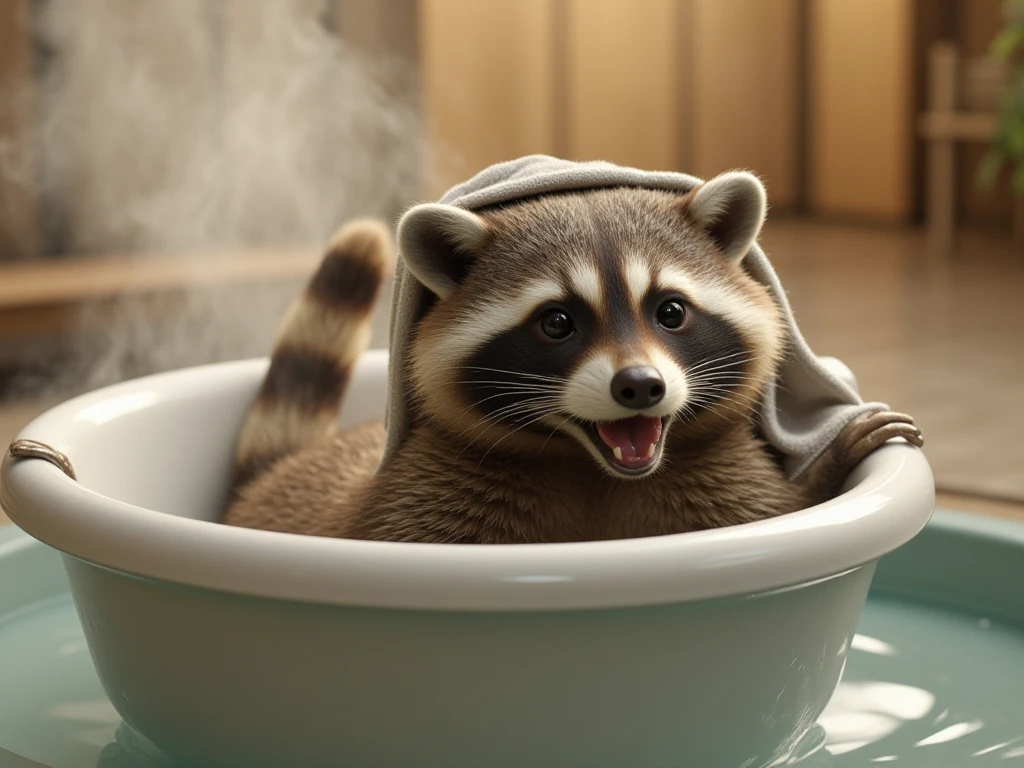 photorealistic,( soaking in the water in a small bathtub),( is a raccoon relaxing by putting a small towel on its head 　 close your eyes　Half-open mouth),(Depiction of hot water smoke ),