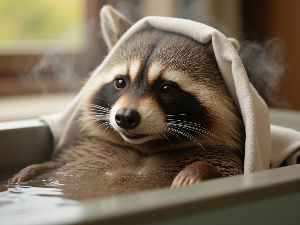 photorealistic,( soaking in the water in a small bathtub),( is a raccoon relaxing by putting a small towel on its head 　 close your eyes　Half-open mouth),(Depiction of hot water smoke ),