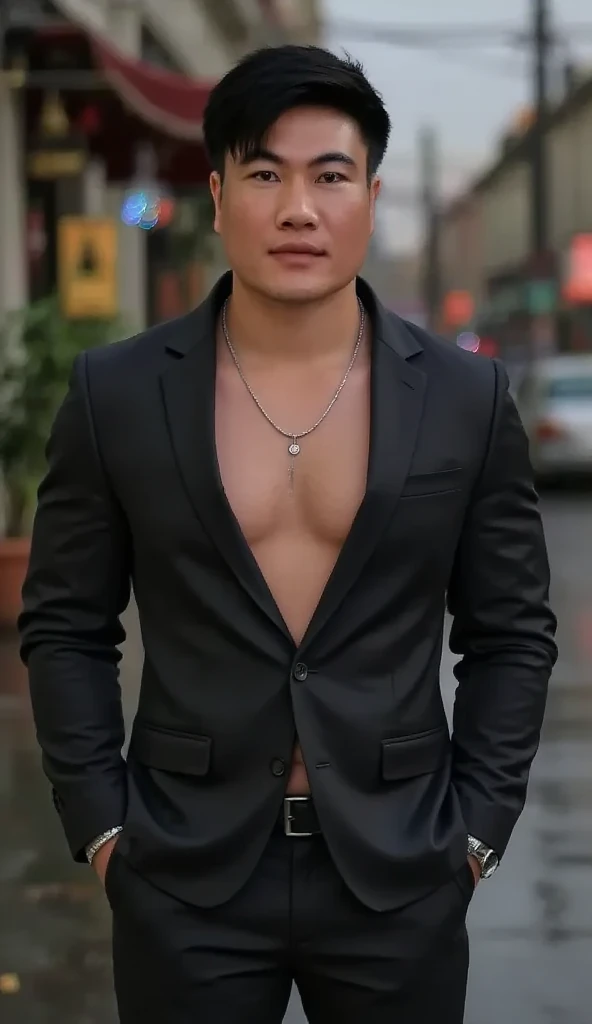 Chinese fat male,skinhead,chubby,very fat,age 35 ,Best quality at best,Ultra photo realsisim,photographrealistic,8k,photore,Photo of a young Chinese man,fat,robust,flattop,skinhead,strong,muscle,with thick fat chunky physique,jaket,ear studs,Gray scarf,Sweaters,suits,(shaved pubic hair),eyes liner,Stand on the sidewalk,The background is crowded streets,Background bokeh,rained,soggy,overcast day,artificial lights,Detailed face and eyes,highlydetailed skin,8k uhd,Clear focus,professional,Best quality at best