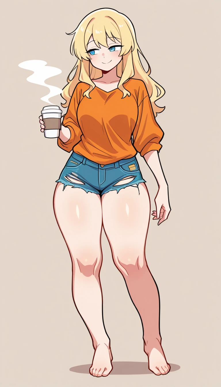    masterpiece  ,   best quality,    uncensored ,
 , 1 , Alone,standing,  look to the side ,  holding a cup of coffee ,  Wear an orange blouse and ripped denim shorts,  long blonde hair, blonde,  Blue Eyes, barefoot,  big ,   thick legs  ,   discreet smile ,  in the office,  dynamic pose style, arafa woman,