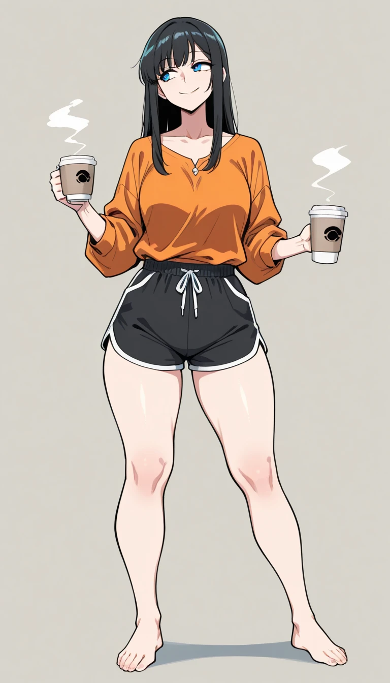    masterpiece  ,   best quality,    uncensored ,
 , 1 , Alone,standing,  look to the side ,  holding a cup of coffee ,  wear an orange blouse and black dolphin shorts,  long black hair,  Blue Eyes, barefoot,  big ,   thick legs  ,   discreet smile ,  in the office,  dynamic pose style, arafa woman,