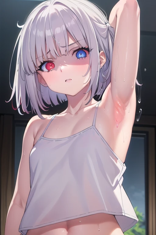 masterpiece, best quality, ultra-high-detailed, Disgusted face, deep eyes,  glare eyes, bare shoulder, focus to armpit, upper body, arms up, arms behind head, armpit crease, eyeshadow, white croptop, tank top, camisole , cynical look eyes, fit girl, arms shot, steamy, furious , Warm body, hot body, A lot sweat , more sweat, hot temperature, sweating, Sweated a lot, warm room, bare shoulder,, in room, wet,  small flat breast , face to face , below angle, eyes to viewer , front, 1girl, short hair, silver hair, solo focus, 4K, ulutra detailed ,masterpiece,highest quality,beautiful detailed eyes,Small breasts,(Heterochromia iridis),(left eye,Red eyes),(right eye,blue eyes),