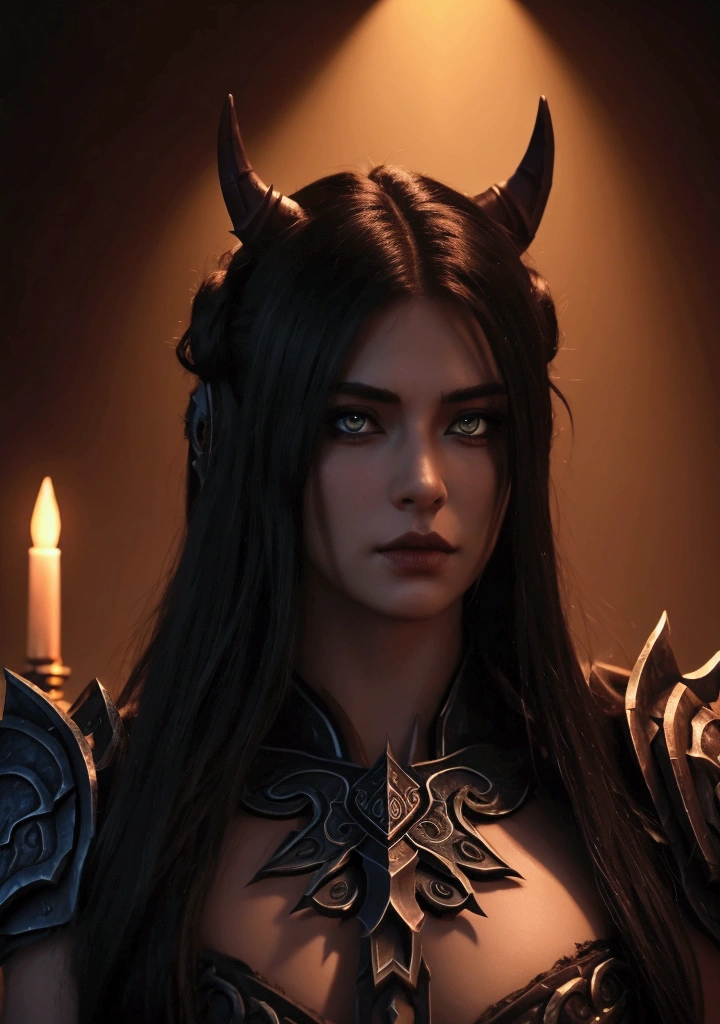 a girl, giant smiling demon behind her, horror, terrifying, dark fantasy, dramatic lighting, cinematic atmosphere, dark mood, chiaroscuro, hyper detailed, intricate, sharp focus, 8k, photorealistic, dramatic composition