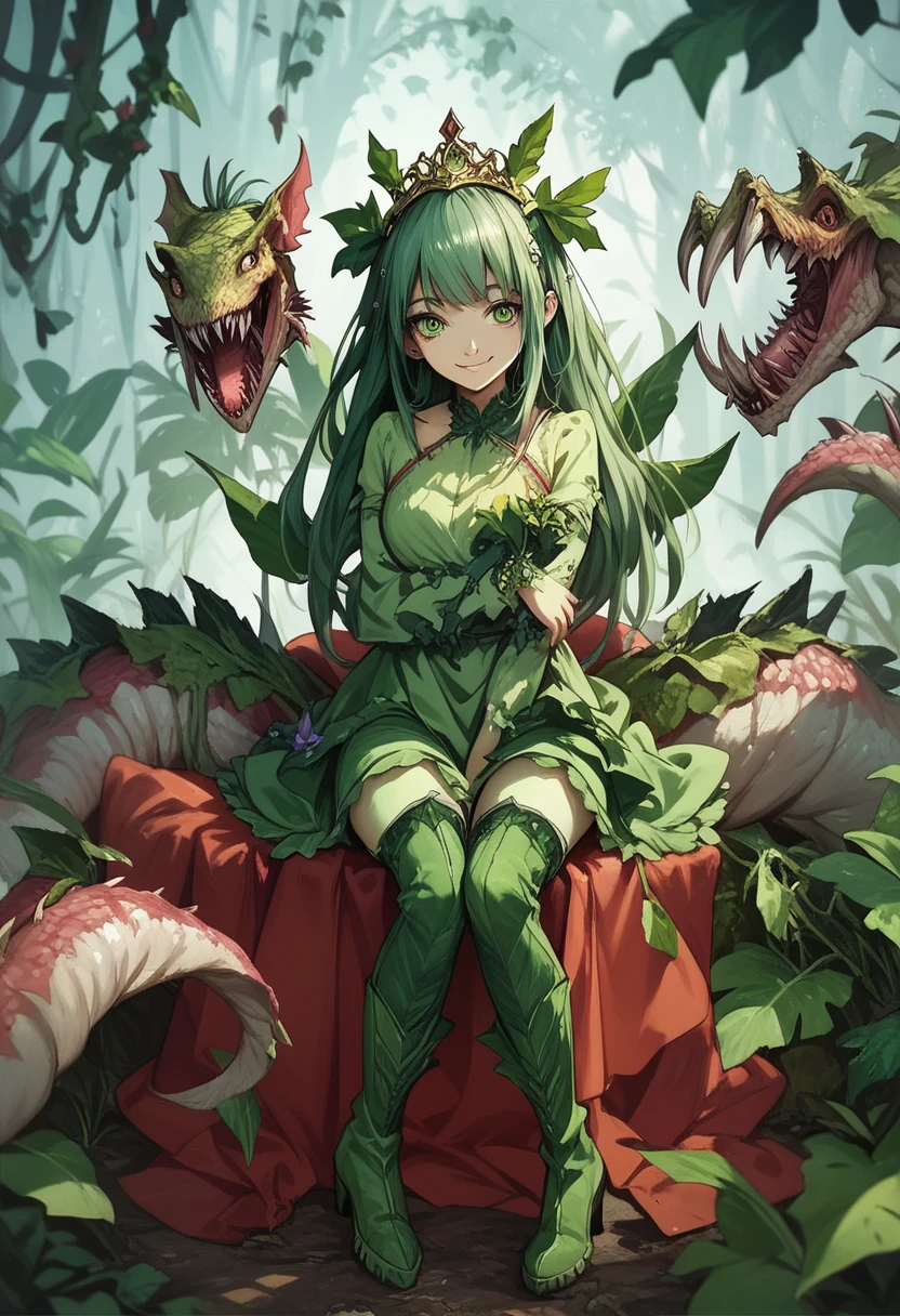 Alraune. Carnivorous plant elements. Tiara. Green hair. Ivy.Smiling. Bangs. Sharp eyes. Long boots. girl with plant elements. Dress. Green hair. Tiara. Sitting. Hugging.