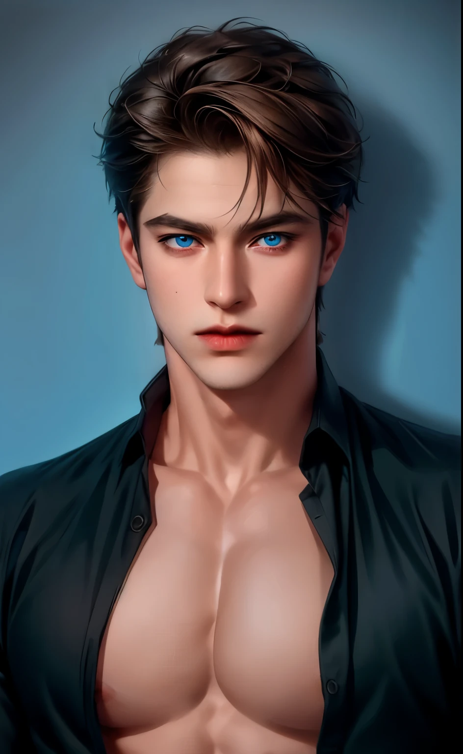 (masterpiece,best quality,Extremists_detailed,high resolution,absurdes),1 adult male, phi. 30, (Broad shoulders), ((phi chest hair)), Male focus, Solitary, #13: Black Short Hair with Soft Bangs (Bangs parted from the side 3:7. Ratio), Simple background, blue eyes, Upper Body, short hair, Looking at the audience, Open your mouth, Round glasses, Wet hair, Open black shirt, Long sleeve, Expose a little muscle, Bedroom background half-length photo