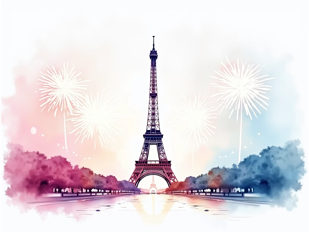 Water Color on paper
White, light pink and light Blue
They are like a eiffel tower in paris and paris city.   and have the big sentence Happy New Year in the senter of picture. Celebrate feeling in picture, fireworks