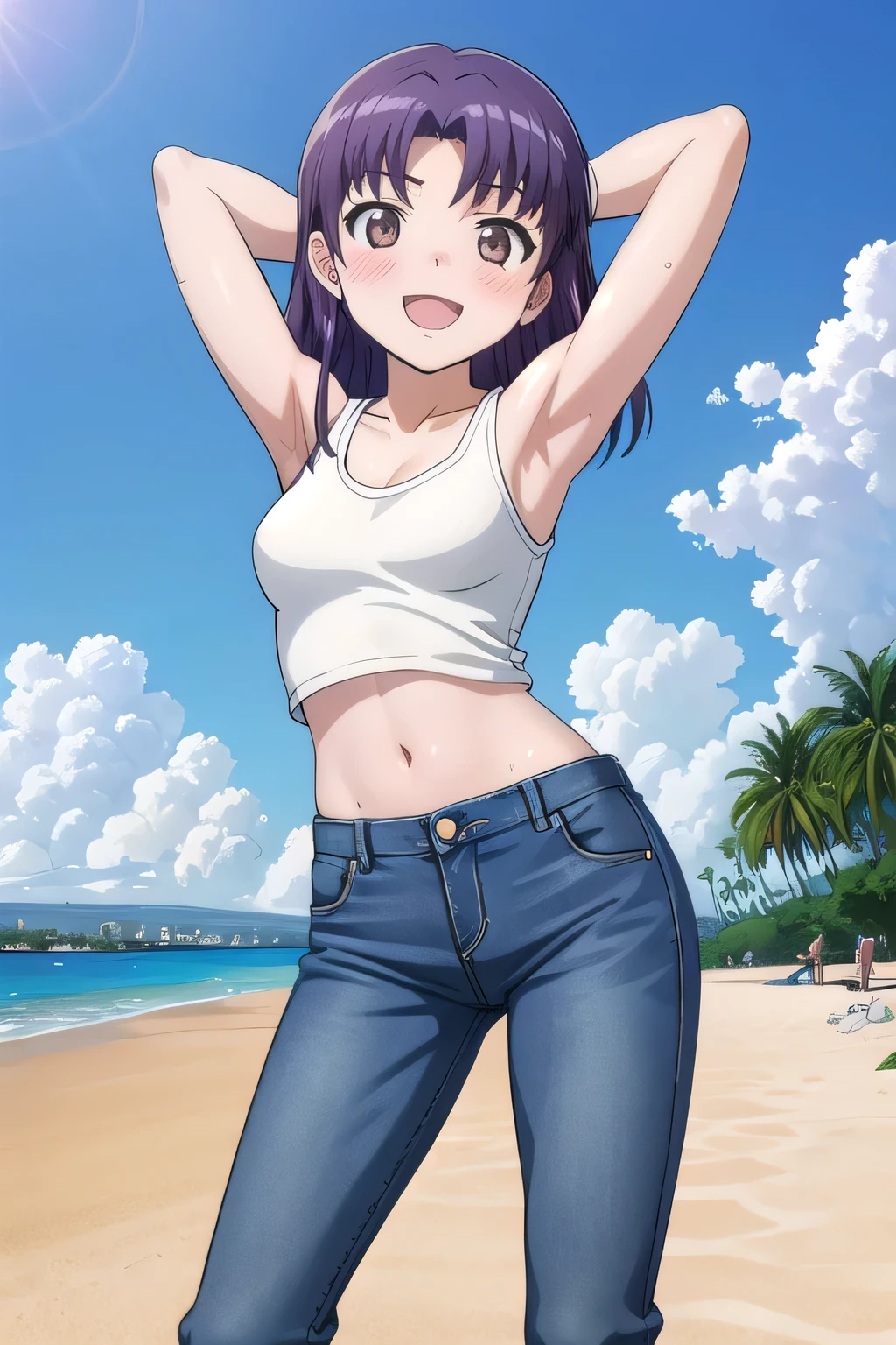 masterpiece,best quality,ultra detail,1girl, ****, ***ite, ((round face, ecstasy, orgasm face, drooping eyes, shame smiling, blush)), dropping eyes, sleepy, background((under the beach, (day:1.2), under sand beach, bright sky)), misato katsuragi, long hair, (brown eyes:1.5), (purple hair:1.2), (parted bangs:1.5), arms behind head, contrapposto, spread armpits, looking at viewer,, White tank top, White crop top, jeans, blue pants, (flares jeans 1:1), blue jeans, standing, (legs spread:3:1), dynamic pose, Sweaty crotch, Steam from the crotch, Nice view, medium body