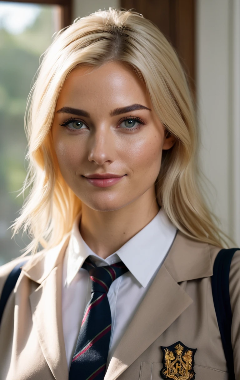 a beautiful picture of jennmcc, detailed skin texture,masterpiece, photorealistic, woman, 4k, light, RAW color photo,(fully in frame:1.1), (goosebumps:0.5),blonde, detailed face,subtle smile,wearing a school uniform, hand up, hand raised