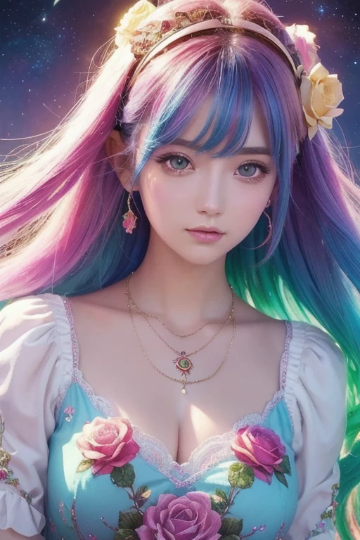 Close-up of a woman with  colorful  hair and necklace,  anime girl、Cosmic Hair , The gentle vitality of rose roses, Goobes-inspired artwork,  fantasy art style ,  colorful ],  Vivid Fantasy Style, Ross draws vibrant cartoons, cosmic and  colorful , Gwaiz,  colorful  digital fantasy art,  Amazing Art Style ,  extra ,  white skin, subtle