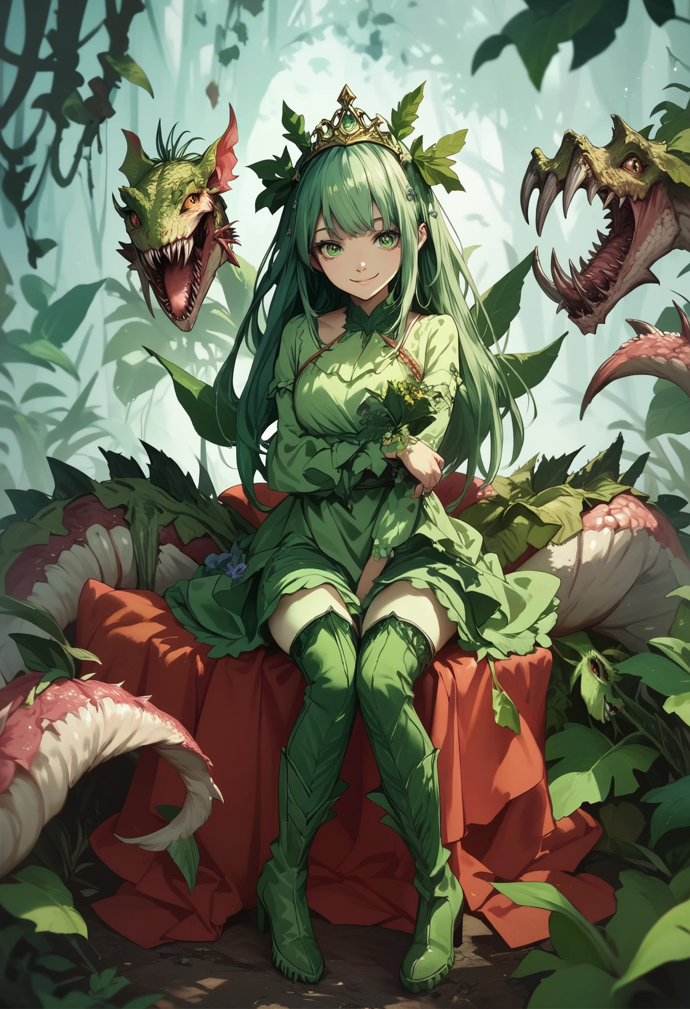 Alraune. Carnivorous plant elements. Tiara. Green hair. Ivy.Smiling. Bangs. Sharp eyes. Long boots. girl with plant elements. Dress. Green hair. Tiara. Sitting. Hugging.