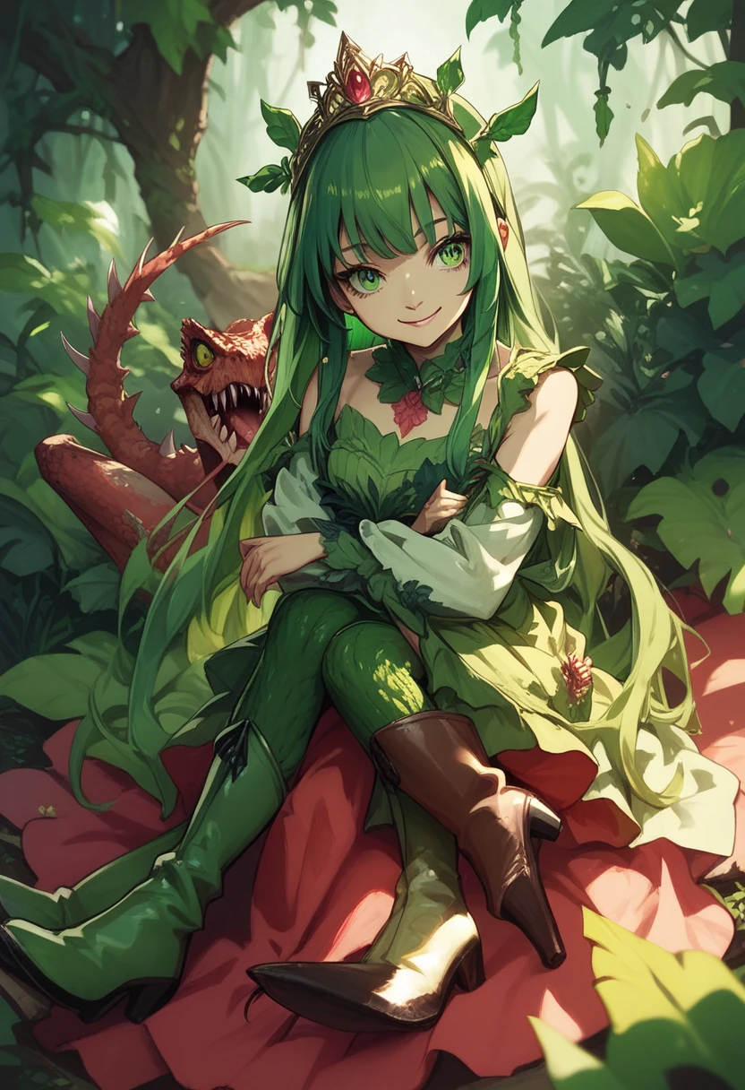 Alraune. Carnivorous plant elements. Tiara. Green hair. Ivy.Smiling. Bangs. Sharp eyes. Long boots. girl with plant elements. Dress. Green hair. Tiara. Sitting. Hugging.