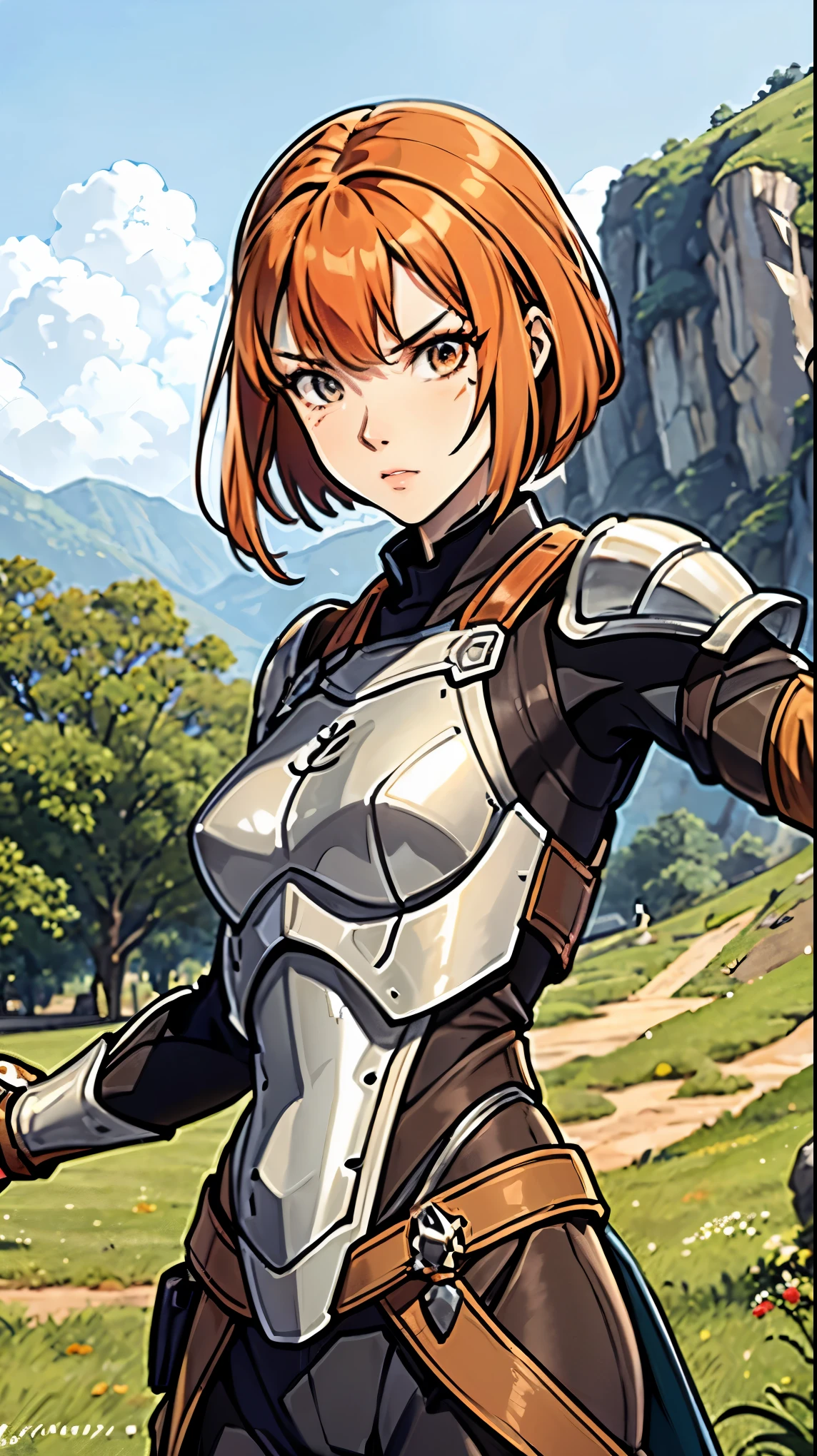 one Athletic women, worn out armor, adventurers outfit, close combat armor, light armor clothing, brown clothing, tall slender women, defined muscle tone, hair hanging on the side of the face, thin hair, short hair, pale orange-red hair, detailed eyes, perfect eyes, small hips, scarred body, scarred face, detailed scar, confident, pose, masculine face expression, small village background, old village background,