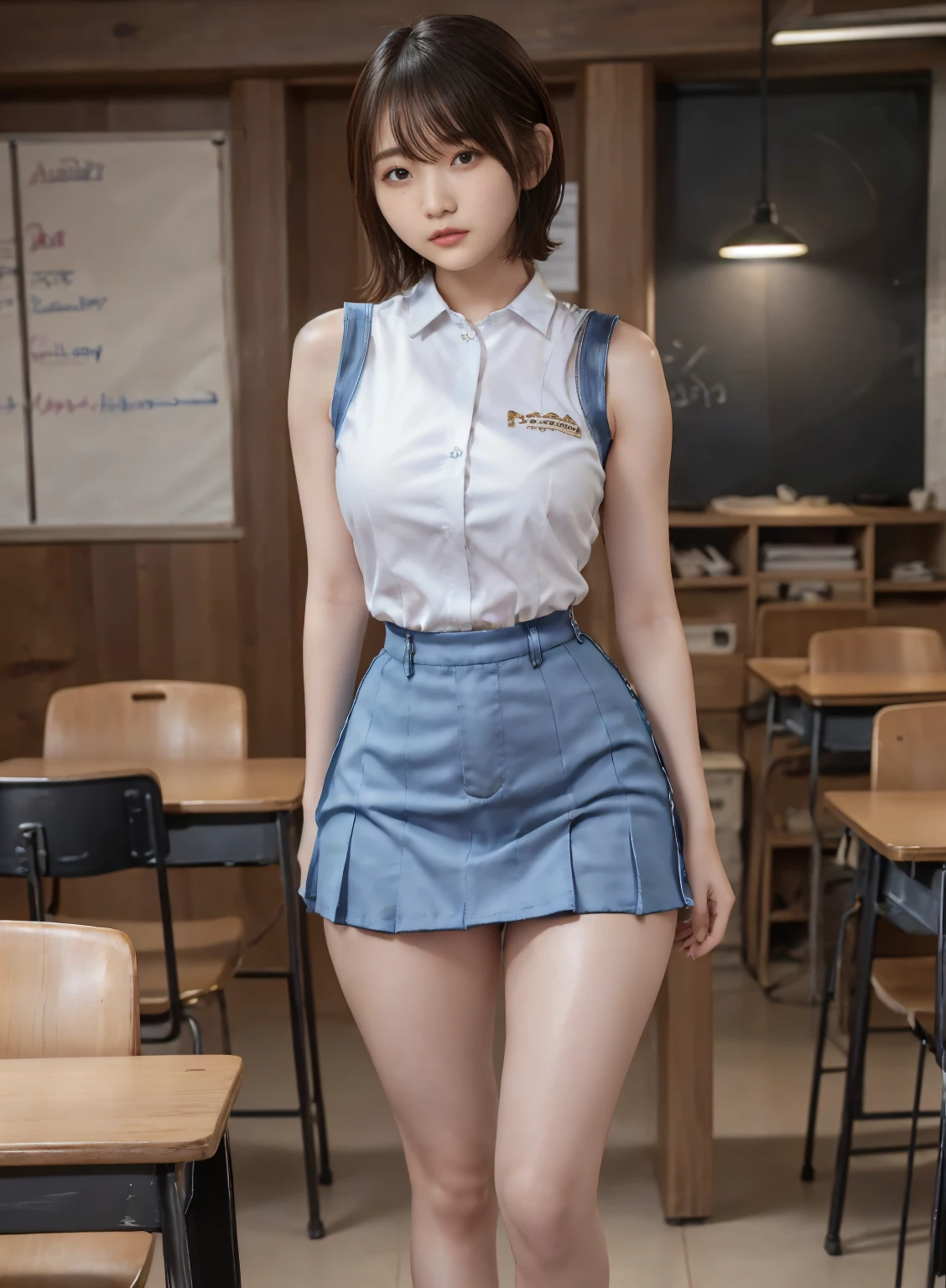 (statuesque,sleeveless,bowl cut hair,16k,glistening skin,detail beautiful face,extreme long leg,Clothes accentuate the shape of the breasts:1.8),(tight white summer sailor,tight skirt,slim waist:1.4),(emaciated:1.6),(lanky,Statuesque,extreme tall stature,225cm tall,scrawy:1.6),leggy,Browsing Caution,Highest quality,Ultra-high resolution,1 person,whole body,Looking into the camera,Beautiful and elaborate face,Fine and beautiful skin,Skin Texture,high school student,uniform,Checked mini skirt,Classroom after school,Standing pose