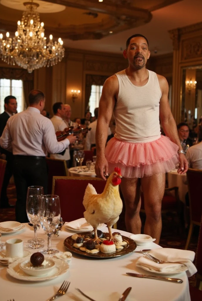 (best quality, 128k,highres,masterpiece:1.2),ultra-detailed,(realistic,photorealistic,photo-realistic:1.37), ((masterpiece)) ((photography)) ((Highest quality)) will smith, wearing a pink tutu over his casual clothes, chasing a runaway chicken through a fancy five-star restaurant. tables are toppling, waiters are dodging, and guests are gasping as will dives dramatically, only to miss and slide under a table. the chicken, completely unfazed, perches triumphantly on a tray of desserts. the scene is chaotic and hilariously absurd, with champagne glasses clinking, a live violinist awkwardly continuing to play, and will shouting, "come back here, dinner!"