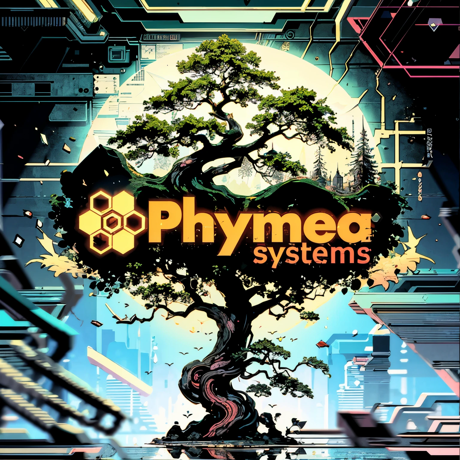 a Logo for a company: "Phymea systems", logo&quot, logo avec du texte (Phymea systems) et 6 hexagones qui entourent un cercle, logo, logo, capturer, 2d logo, vignette, logo simple, logo d'entreprise, Logo de forme solide 2D, mise en scène du logo de Phymea systems, logos, image de haute qualité, un Logo pour une entreprise qui vend des systèmes électronique, Logo, asymmetrical Logo, Logo arrondi,Logo, Vignette, LOGO Simples, Logo monochrome, Logo d'entreprise, Logo creation,image de haute qualité, entreprise d'électronique pour la recherche agricole, arbre, ((Tree is growing on Logo)), feuille de plante, vectoriel, vector, circuit électrique, piste électronique, routage électronique, images avec un nombre de couleurs réduites, logo pour t-shirt, fond noir, same logo with a different design, manga style drawing,  cyberpunk lighting, logo of a company in a cyberpunk universe, minimalist drawing, vert, jaune, rouge, la compagnie soutient l'agriculture respectueuse de l'environnement et des végétaux, technical drawing, printed circuit board, PCB, tree, arbre tortueux,  simple vectorial style, minimalist vectorial art, 