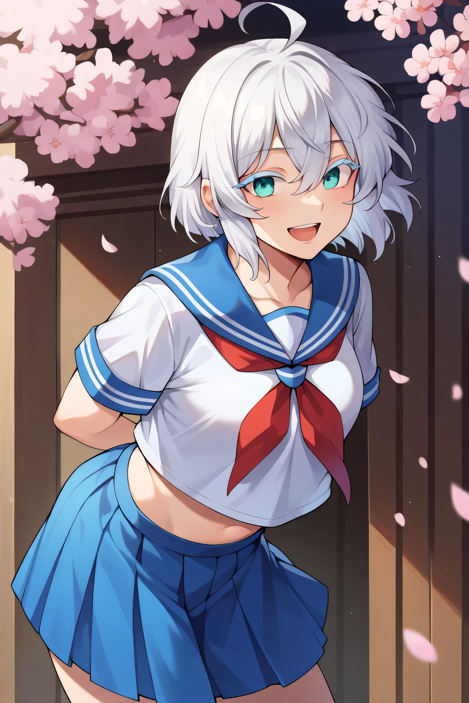 masterpiece, best quality, highres, 1girl, solo, short hair, white hair, floating hair, ahoge, hair between eyes, colored eyelashes, aqua eyes, serafuku, sailor collar, red neckerchief, shirt, short sleeves, midriff, pleated skirt, blue skirt, arms behind back, leaning forward, smile, cherry blossoms, open mouth, standing