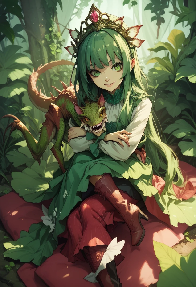 Alraune. Carnivorous plant elements. Tiara. Green hair. Ivy.Smiling. Bangs. Sharp eyes. Long boots. girl with plant elements. Dress. Green hair. Tiara. Sitting. Hugging.