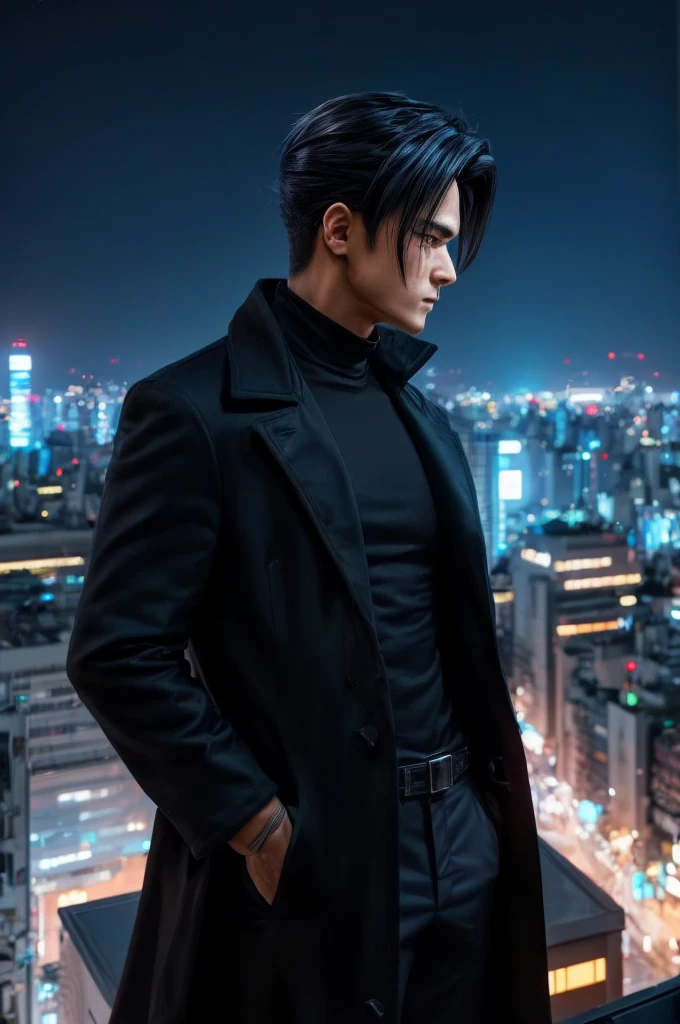 man in black coat standing on ledge of building overlooking city at night, set in tokyo rooftop, hero pose colorful city lighting, handsome anime pose, cinematic outfit photo, neo noir style, matte painting portrait shot, (medium hair), (slick back hairstyle), hair move towards back, elegant cinematic pose, neo - noir style, on rooftop tokyo night, overlooking a modern city, on tokyo cyberpunk night rooftop, inspired by Tadashi Nakayama