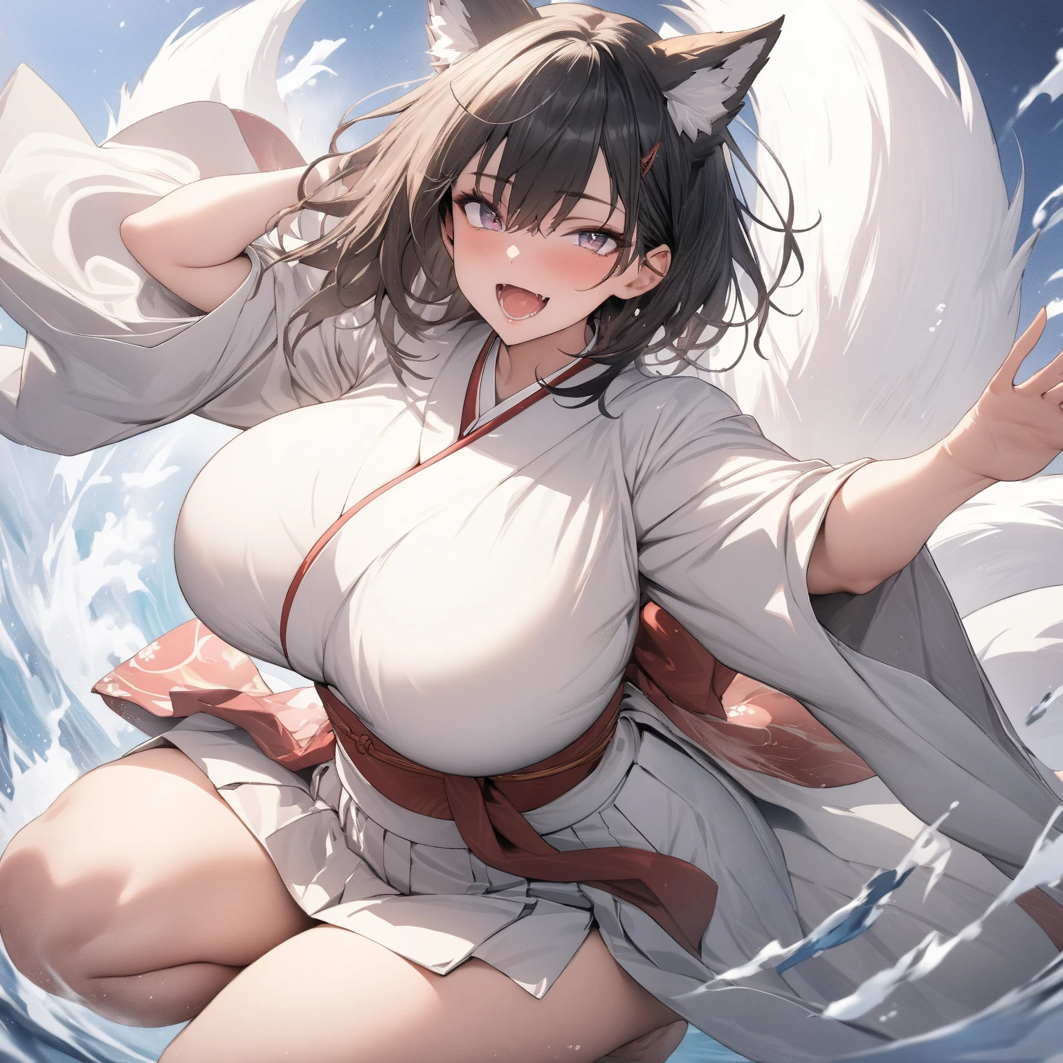 Busty half-shark woman with a white kimono and black hair