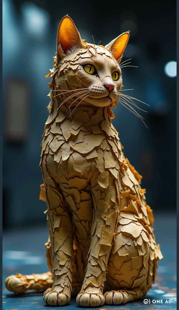  Make a realistic image of a cat with a body made entirely of fragmented paper, in realistic background setting  