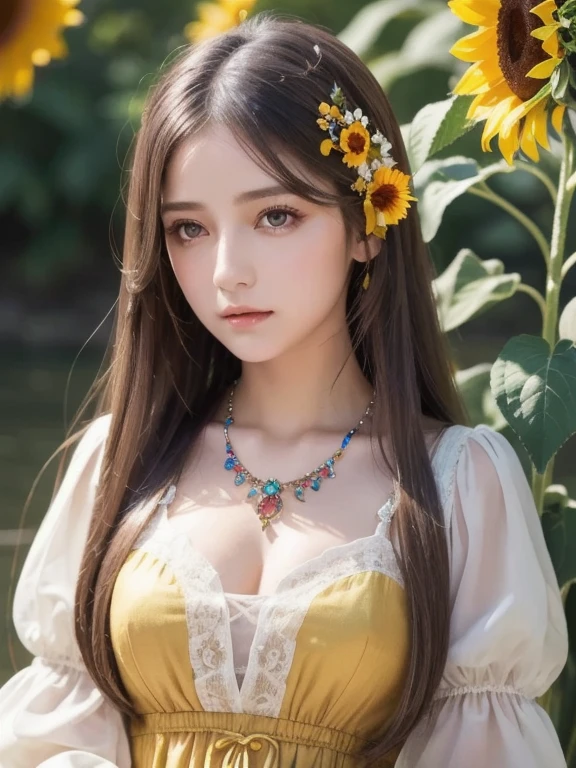 (  Absurdly ,  High Quality  ,  ULTRA DETAIL ) ,( Handmade ) ,  1 girl, Alone,  mature,   very long hair , Sunflower Hair ,  beautiful crystal eyes  ( Eye details ) Baroque,  necklace,  long dress ,  Long Sleeve ,  elegant ,  colorful ,  Best Details ,  upper body , Along with the river and sunflower flowers