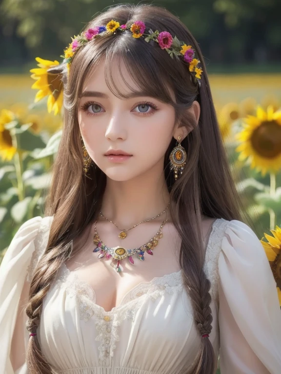 (  Absurdly ,  High Quality  ,  ULTRA DETAIL ) ,( Handmade ) ,  1 girl, Alone,  mature,   very long hair , Sunflower Hair ,  beautiful crystal eyes  ( Eye details ) Baroque,  necklace,  long dress ,  Long Sleeve ,  elegant ,  colorful ,  Best Details ,  upper body , Along with the river and sunflower flowers