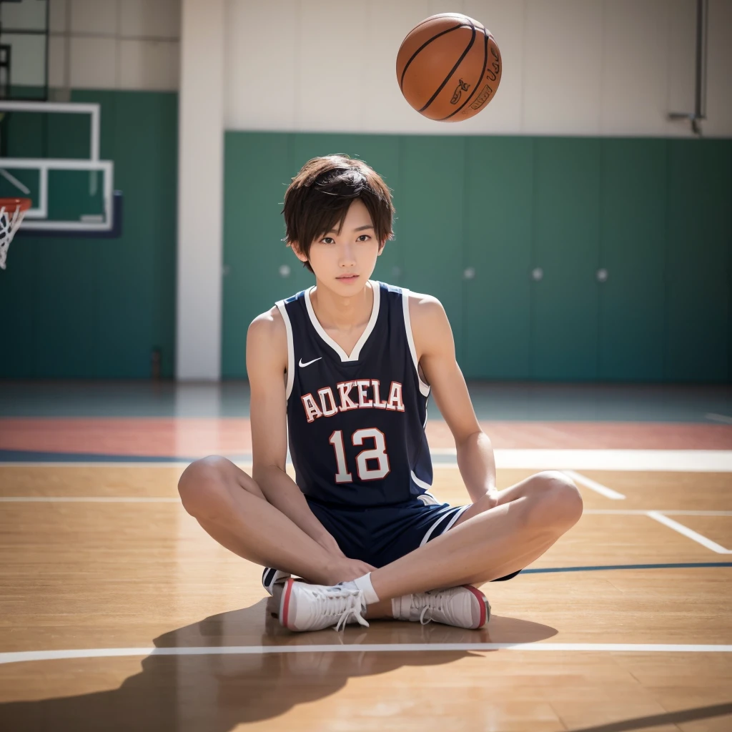 slim body, slender, Japanese cute boy,　, A 20-year-old boy, A Japanese male student with a youthful, innocent face, wearing a basketball uniform, sitting barefoot in a wide-legged pose. He looks relaxed, with a basketball court or gymnasium in the background. Natural light filters in, creating a sporty atmosphere,　baby face0-year-old boy, Black hair, Messy hair, modern, Eye level shots, hyper HD, Masterpiece, (photorealistic, masterpiece, 8K HD, good lighting quality, portrait, closing up on face, intricate details