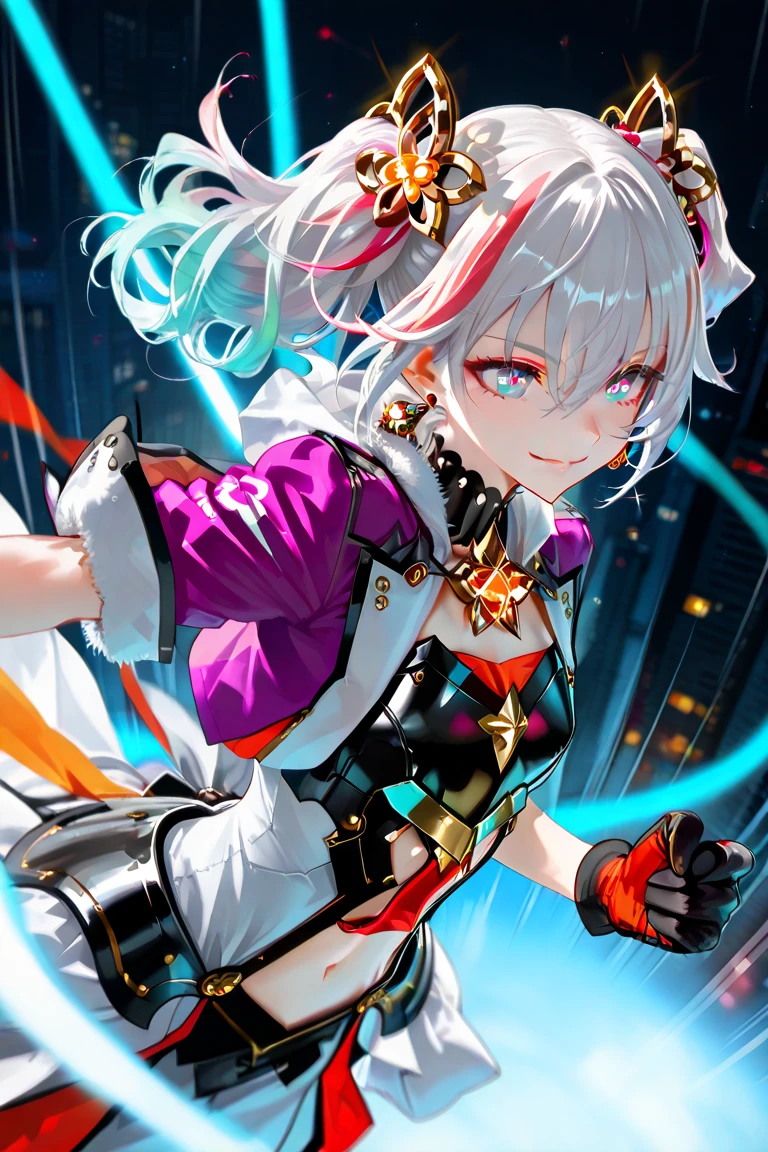 (EyesHD:1.2), masterpiece, best quality, ultra-detailed, very aesthetic, sharp focus, depth of field, vibrant colors, ray tracing, best lighting, detailed illustration, detailed background, cinematic, beautiful face, beautiful eyes, 1girl, leaning forward, smiling, white hair, twintails, medium hair, (dynamic pose:1.2), (floating in the air:1.2), (speed lines:1.2), gloves, cropped jacket, fur trim, purple jacket, armored breastplate, armored skirt, multicolored hair, streaked hair, gradient hair, ,Sparkling eyes, Glowing eyes, High-definition eyes, Ultra HD eyes, Super HD eyes, Hyper-realistic eyes, Crystal-clear eyes, (beautiful detailed eyes), Textured eyes, Defined eyes, Colorful eyes, Bright eyes, Stylistic eyes, stunning eyes, Cinematic eyes,camellya, white hair, twintails, hair ornament, blue eyes, jewelry, earrings, dress, navel cutout, flower