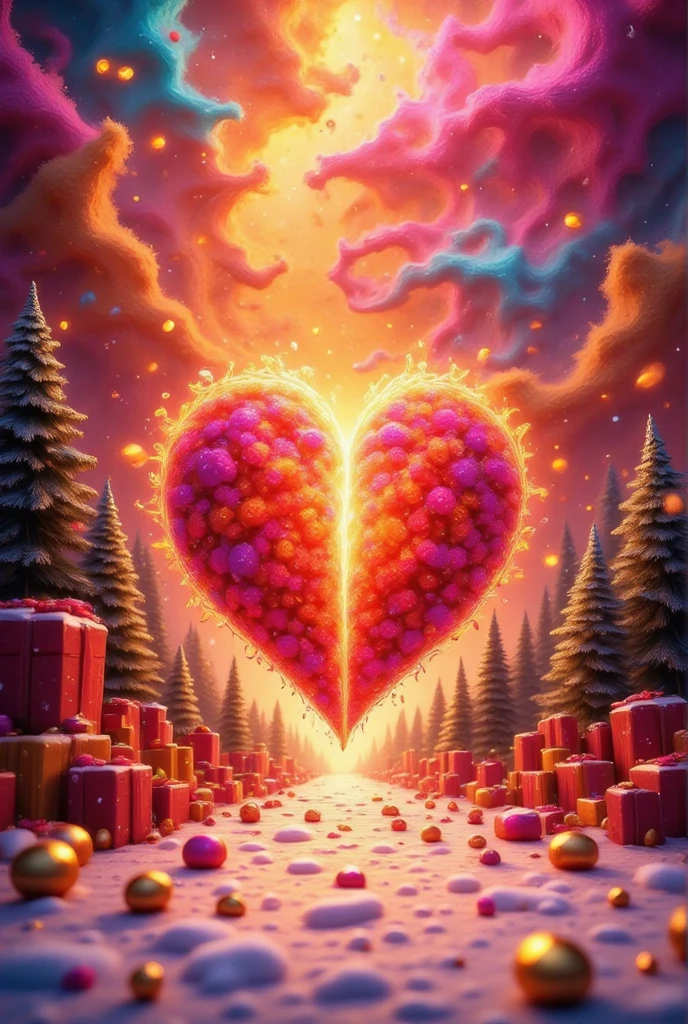  Beautiful New Year background ,  Hearts and Warm Colors ,  snowflakes and Frost with silver pollen like a tender heart is painted over the whole picture, oil gloss ,  beautiful small fireworks with flowers , beautiful art,  masterpiece fails, 8 k,  better quality ,  as much detail as possible ,  complex textures ,  ultra detail,  maximum quality, Wow effect,