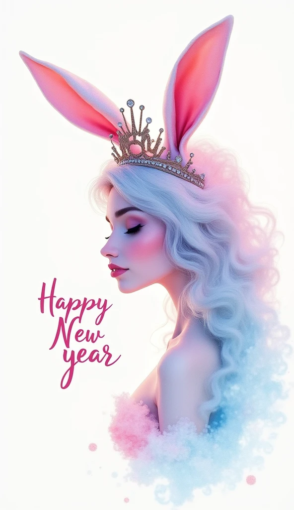 Water Color on paper
White, light pink and light Blue
They are like a beautiful and sexy lady ,turn a litle bit side ways, have small rabbit ears and luxury crown and diamon crown on head, in the middel of picture write "Happy New year", celebreat feeling