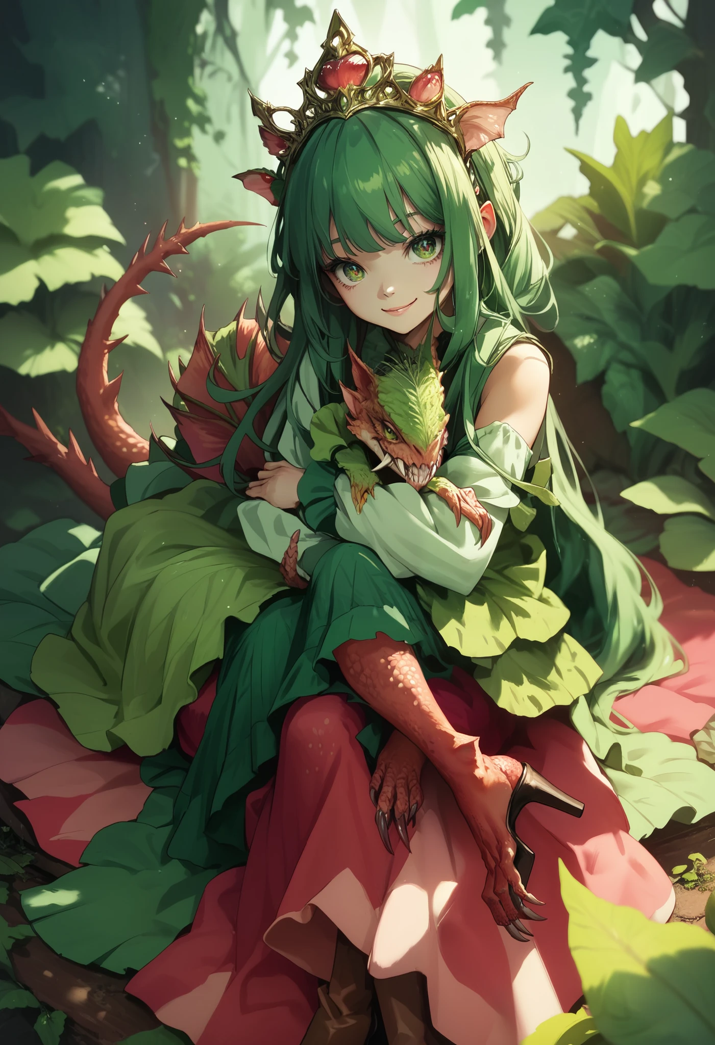 Alraune. Carnivorous plant elements. Tiara. Green hair. Ivy.Smiling. Bangs. Sharp eyes. Long boots. girl with plant elements. Dress. Green hair. Tiara. Sitting. Hugging.