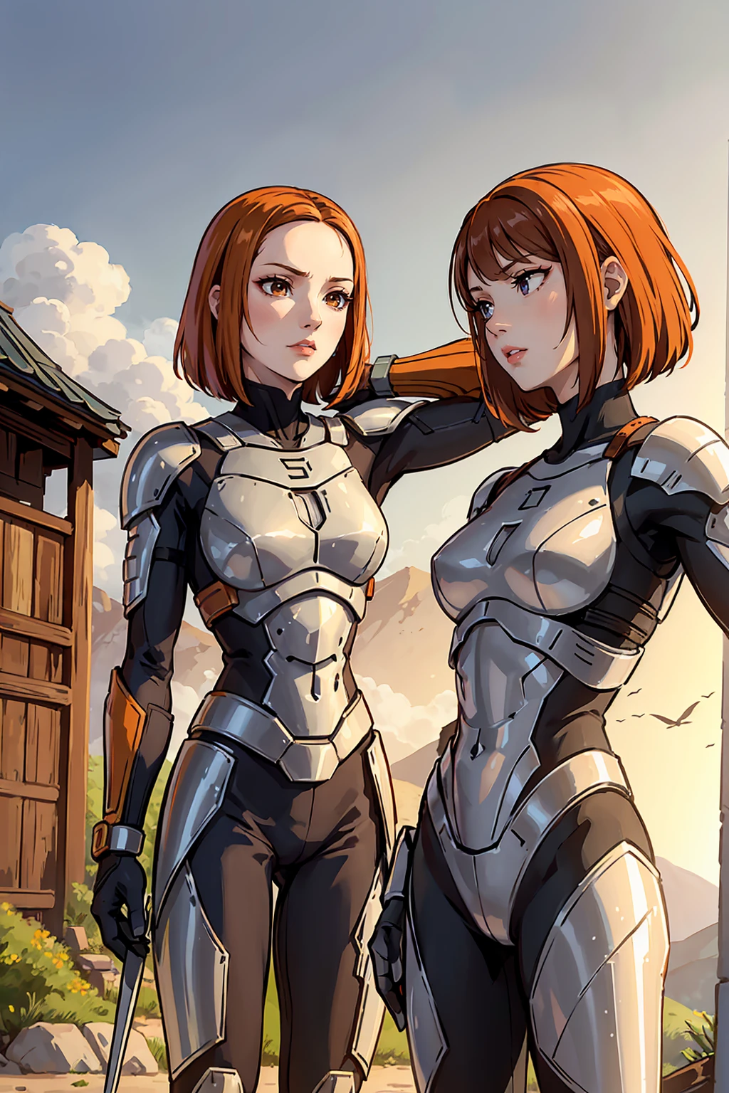 one Athletic women, adult women, tall women, adventurers outfit, close combat armor, light armor clothing, no skin, brown clothing, tall slender women, defined muscle tone, hair hanging on the side of the face, thin hair, short hair, pale orange-red hair, detailed eyes, perfect eyes, small hips, scarred body, scarred face, detailed scar, confident, pose, masculine face expression, small village background, old village background,