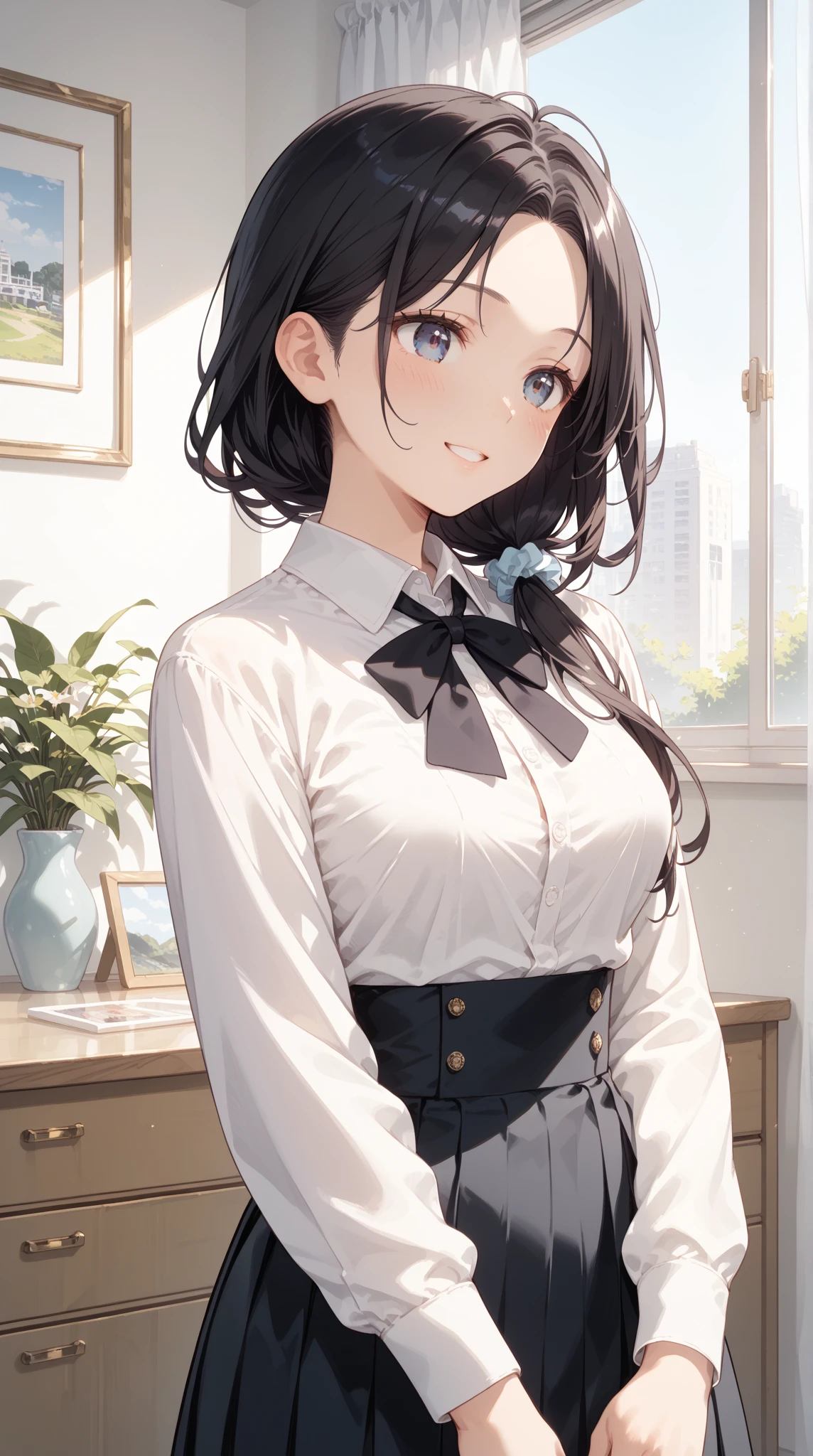 Expressiveh, Maximum resolution 8K, (masterpiece), Very detailed, Professional, 1girl, solo, adult, Single Shot, upper body, cowboy shot, looking a view, black hair, low side ponytail, parted bangs, medium hair, red scrunchie, happy look, wholesome, calm, blush, white long sleeve formal shirt, black tie, long black maxi skirts, black socks, school shoes, shiny skin, medium breast, inverted triangle figure, thick body, standing (perfect anatomy, perfect proportions, perfect figure:1.3), (background: apartment bedroom),