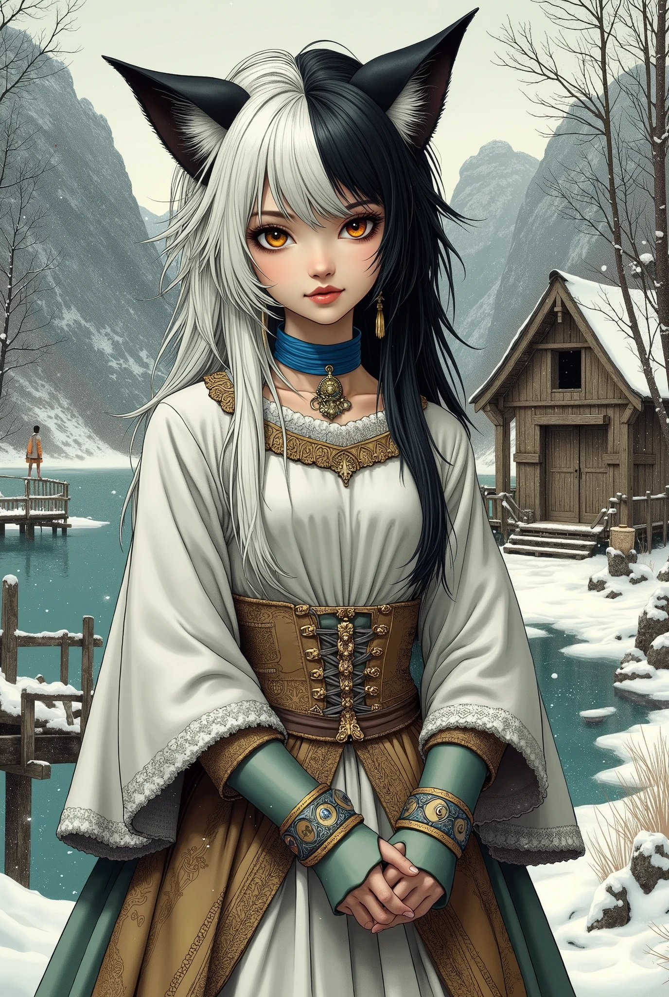 (Ultra-detailed face, Looking away, Fantasy Illustration with Gothic, Ukiyo-e. Dark tone colors. Ice Wind Dale, a city in the north. A dugout shack on a landing near a lake with frozen winter water. A big snowstorm.), BREAK (Cat-eared elf woman with long, messy, waist-length hair dyed white and black, ears hidden by hair. She has a pair of cat ears on her head, orange eyes, brown skin, and dark, thick eyeliner.), BREAK (The cat-eared elf woman wears a blue choker, a white thick woolen cape dress, and gray-green pin-heeled laced boots.)