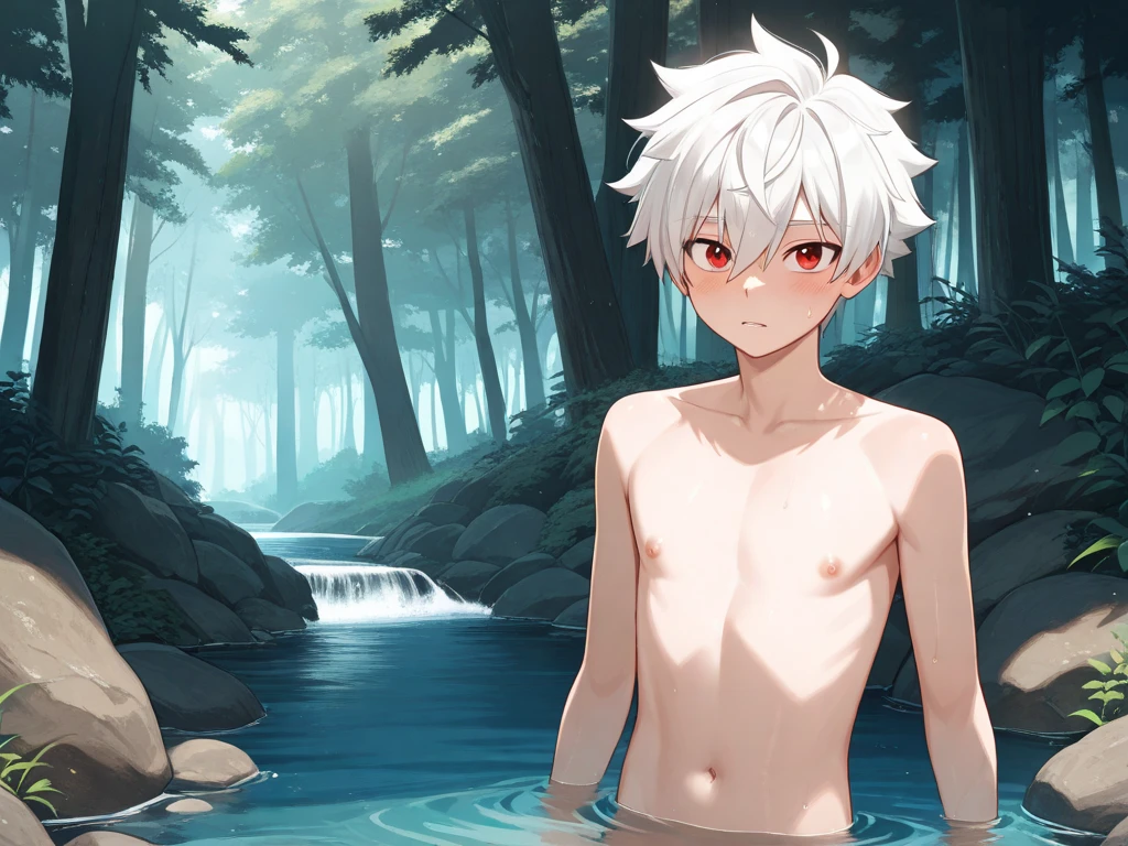A little boy with white hair touching his head shyly, naked upper body, wearing triangle male panties, pool in the background, thin, no muscles, standing, emaciated, weak body, weak body, full body photo, calves, toes, almost naked, male panties,