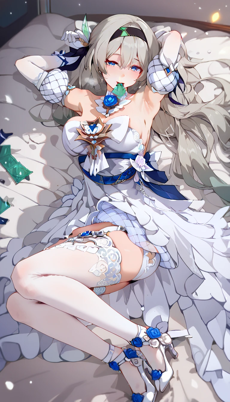 1girl, firefly \(honkai: star rail\), solo, wedding dress, liuying, 1girl, dress, white thighhighs, bangs, long hair, white gloves, white dress, grey hair, high heels, full body, looking at the audience, big breast, crawling on the bed, cleavage, seductive face, biting the condom, breathing heavily, Armpit, orgasm, squeeze breasts