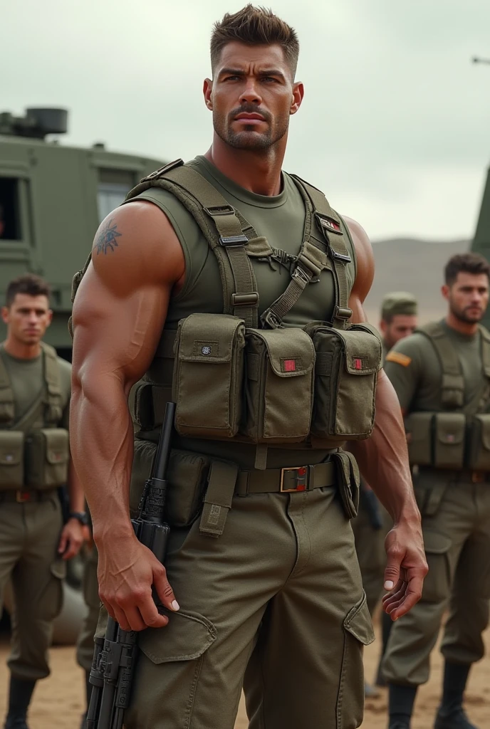 ((8k ((best quality)), ((masterpiece)), (very detailed), real face bald male muscular male full body wear soldier suit  stand by tank