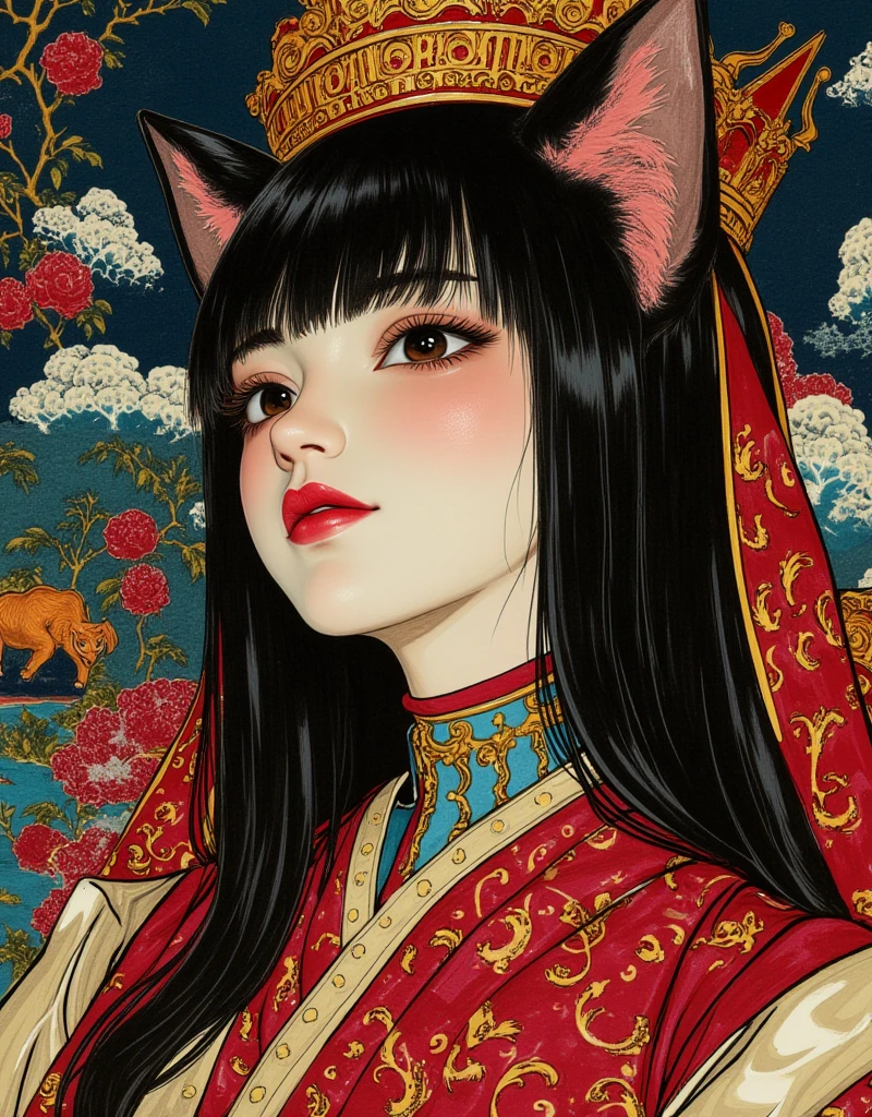 Cat-eared girl, straight long hair, Horizontal fringe hair, wearing enamel bondage outfit, Queening, Facesitting, Adult comic by Alex Varenne, mind-bending visual effects background, Ukiyo-e style by Hokusai