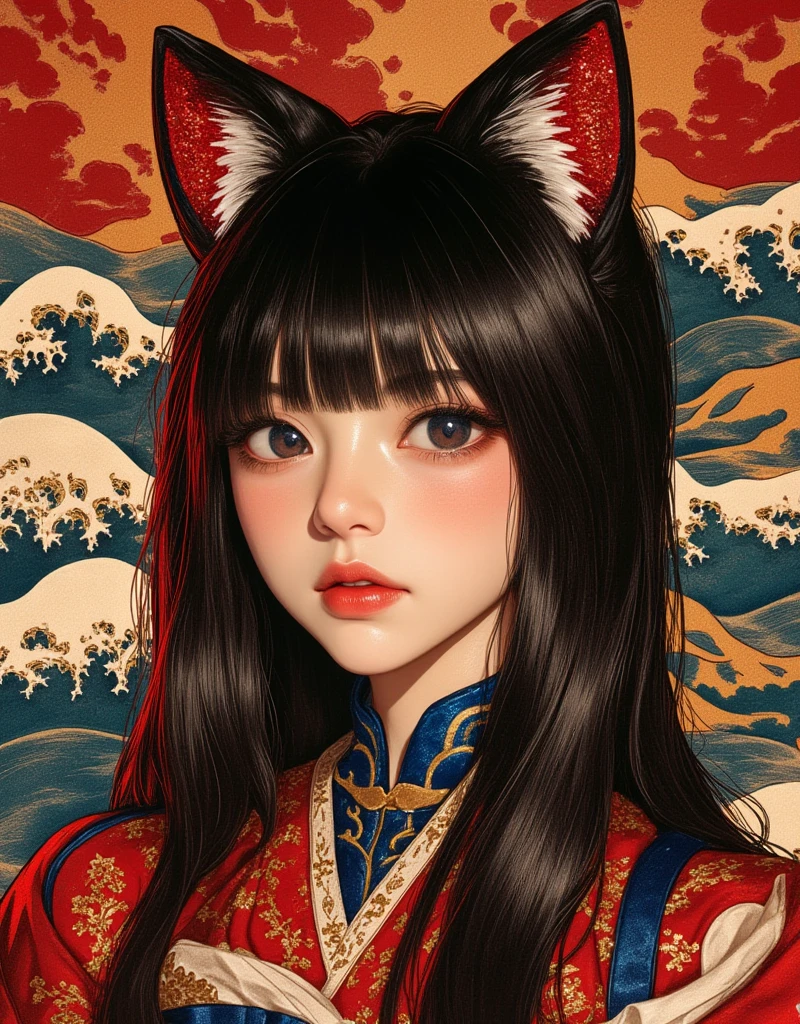 Cat-eared girl, straight long hair, Horizontal fringe hair, wearing enamel bondage outfit, Queening, Facesitting, Adult comic by Alex Varenne, mind-bending visual effects background, Ukiyo-e style by Hokusai