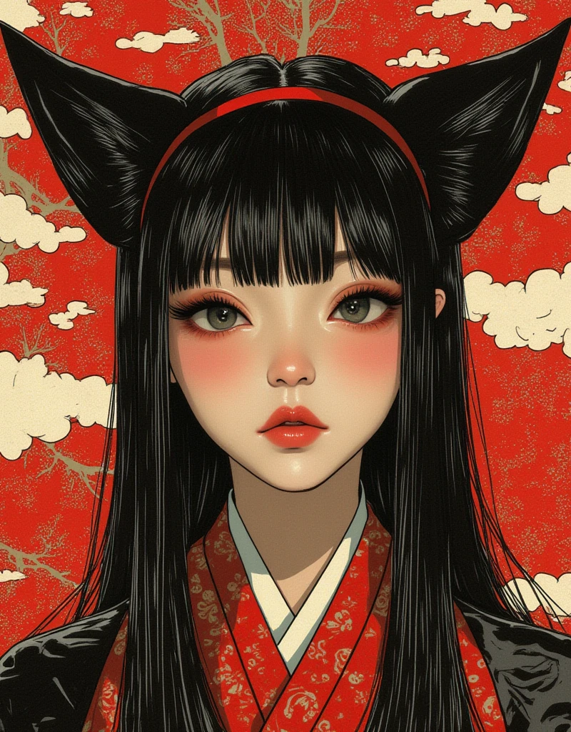 Cat-eared girl, straight long hair, Horizontal fringe hair, wearing enamel bondage outfit, Queening, Facesitting, Adult comic by Alex Varenne, mind-bending visual effects background, Ukiyo-e style by Hokusai